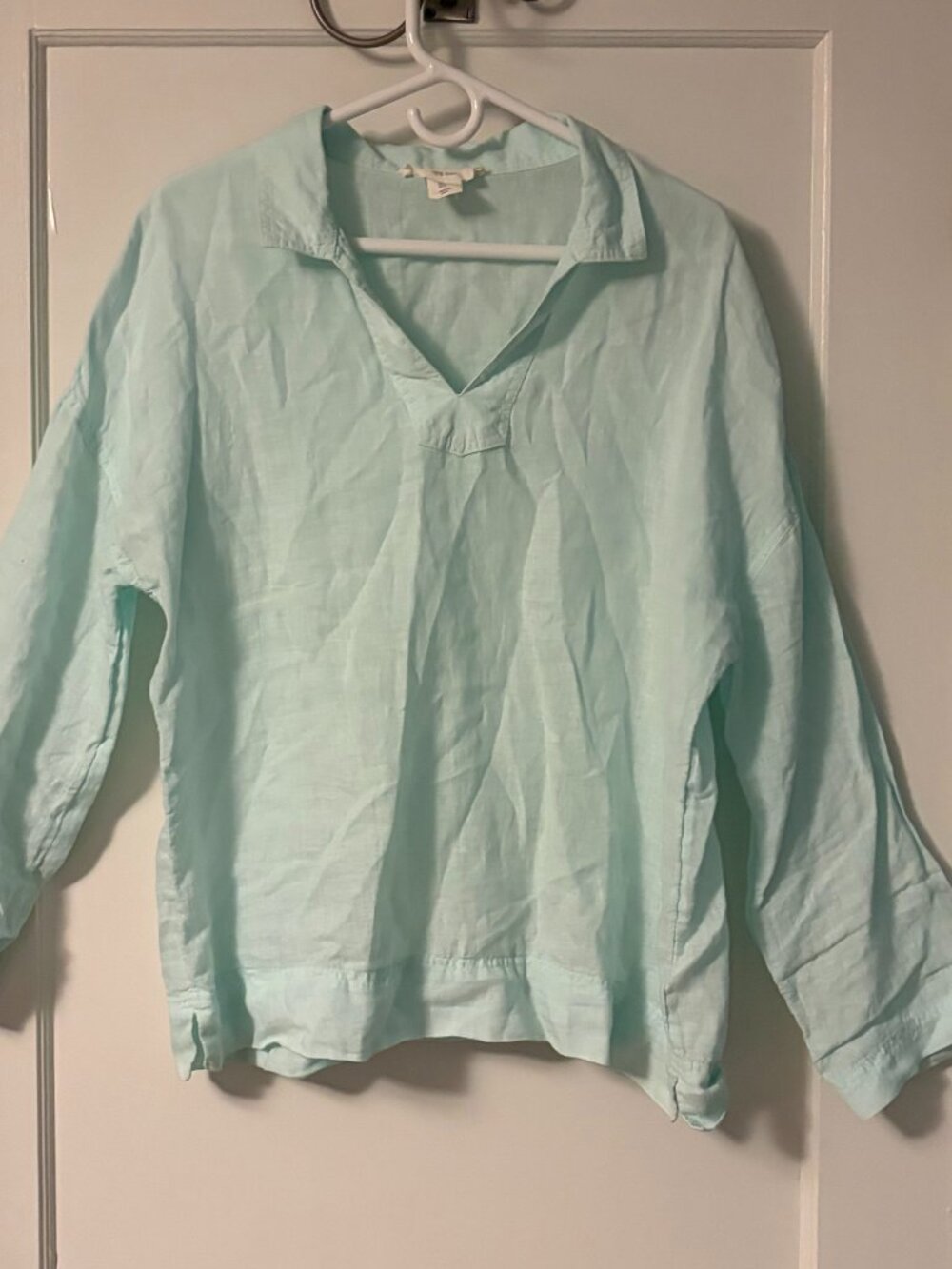 C&C California 100% linen collared blouse teal size large beachy minimalist